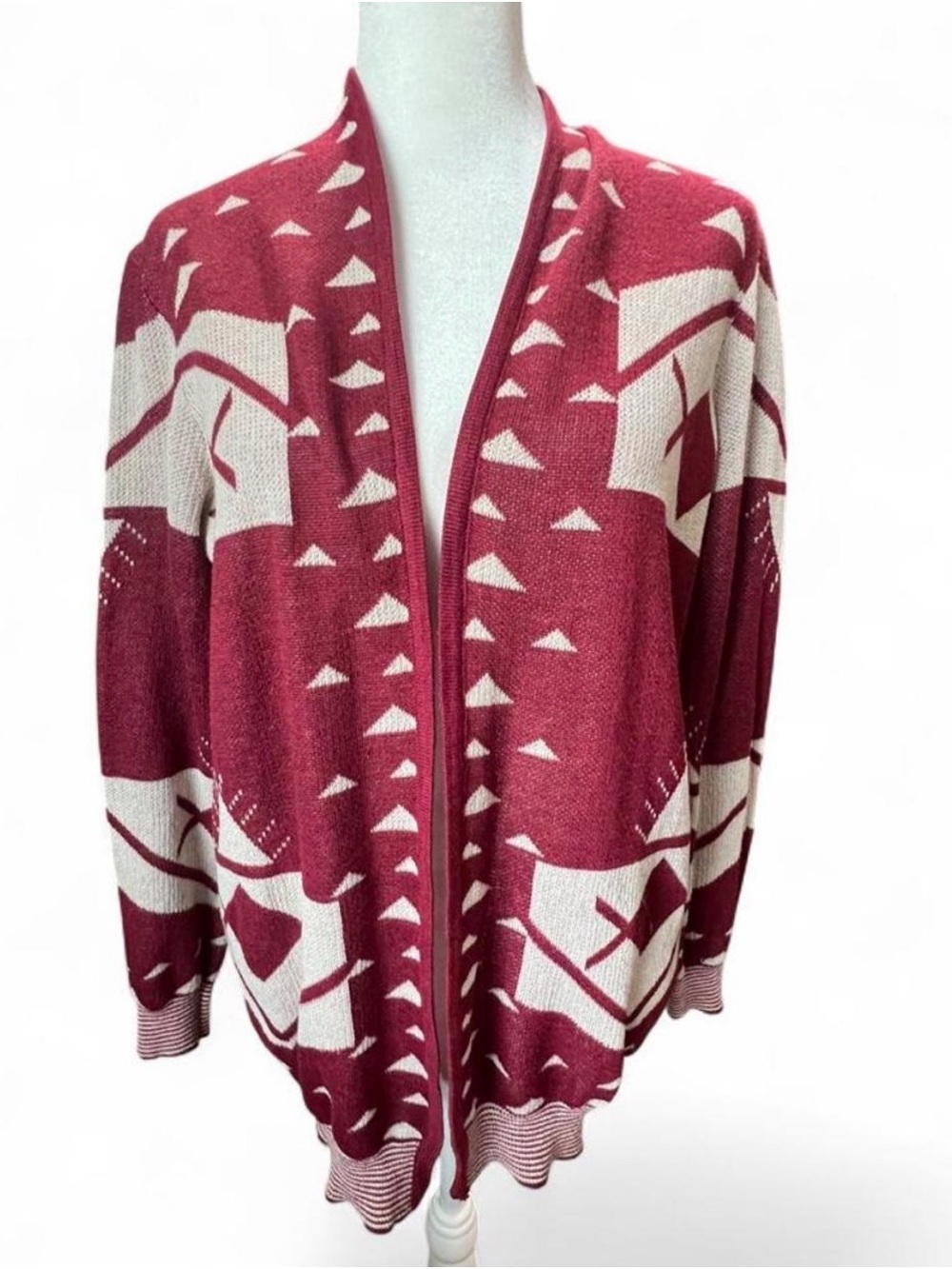 Open-Front Geometric Cardigan Sweater - Burgundy & Cream